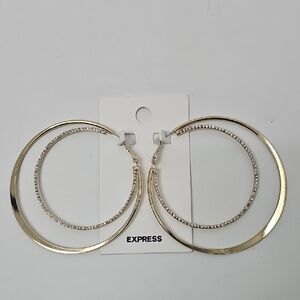 Express Oversized 2 Hoop Earrings Crystal Hoop In Gold-toned Hoop‎